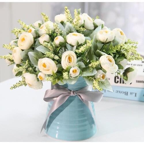Modern Desktop Ceramic Vase+Rose Artificial Flower Figurines Home Office Cafe Fake Flower Pot Ornament Wedding Gift Decoration