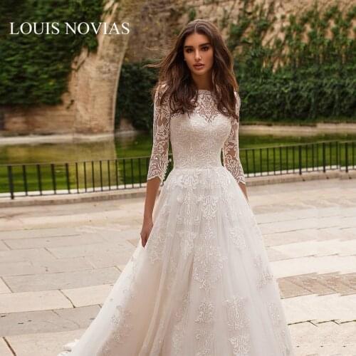 LOUIS NOVIAS Vestido De Casamento Novo Simples Floresta De Mangas Compridas Branco Noiva Com Ombros Finos Arrastando Sonho Lace