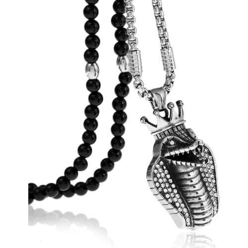Stainless steel Egyptian crown Cobra full Crystal Pendant Necklace with Black Natural Stone Chain 26"