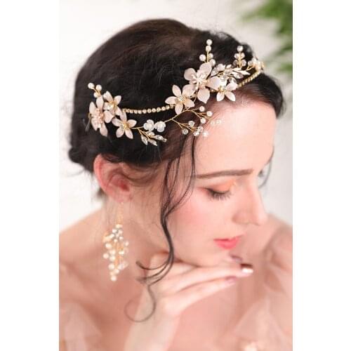 2020 New Gold Flower Rhinestones Crystal Pearls Alloy make up party Wedding Headband hair accessories for women