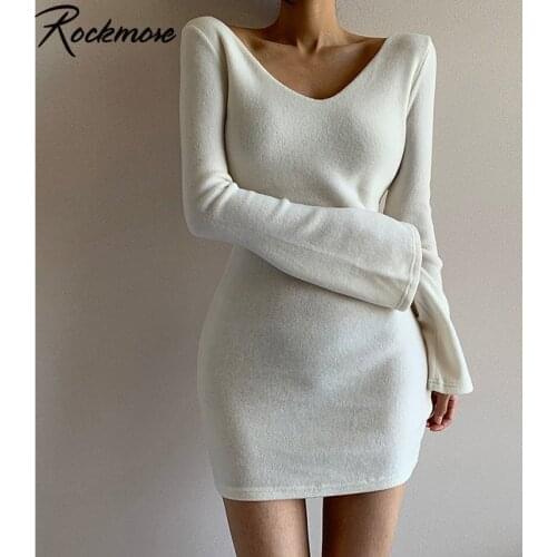Rockmore Deep V-neck Sexy Mini Dress Women Skinny Long Flare Sleeve Above Knee Dresses Streetwear Solid Pure Basic Dress Party