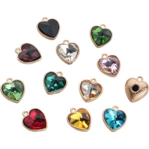 2017 Gold Alloy Colorful Crystal Small Hearts Charms 8pcs/lot 16*14MM DIY Necklace Earrings Bracelet Accessories