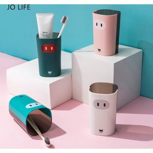 JO LIFE Cartoon Pig Toothpaste Toothbrush Holder Bathroom Accessories Portable Travel Toothbrush Cover Cup