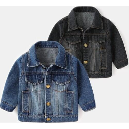 Spring autumn boys' simple Solid Single-breasted denim coat middle childrens pocket hole fashion childrens Jacket Outerwear