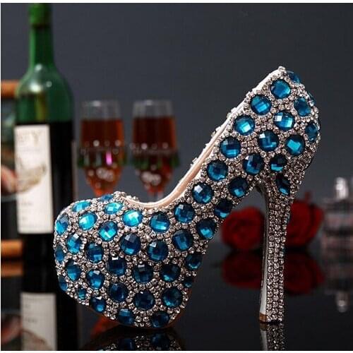 Luxury Designer Shiny Turquoise Crystal High Heel Platform Women Pumps Round Toe Stiletto Heel Glamorous Wedding shoes woman