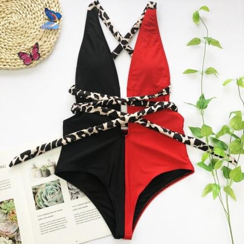 Sexy Patchwork One Piece Swimsuit Women Leopard Lace Up Bandage Swimwear High Cut Push Up Padded Bodysuit Thong Monokini 2021