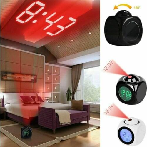 LED Digital Alarm Clock Projector Temperature Thermometer Desk Time Date Display Projection Calendar USB Charger Table Clock