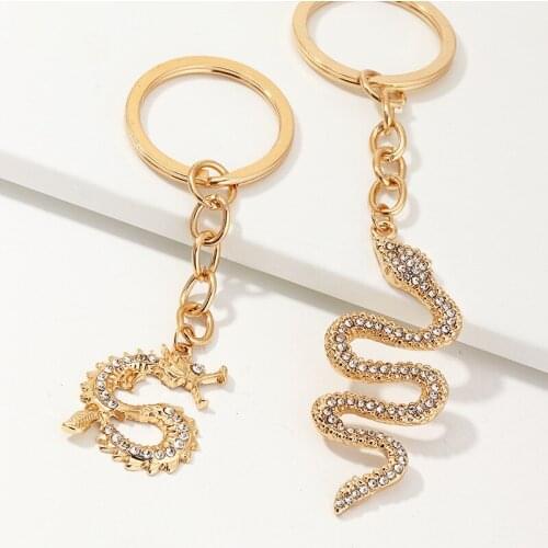 Women Lady Dragon Snake Shape Key Chains New Gold Handmade Metal Rhinestone Key Ring Bag Accessories Party Gift