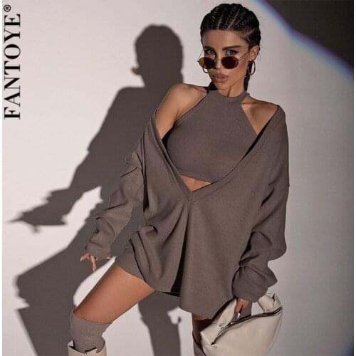 Fantoye Cotton Deep V-neck Loose Women Two Piece Of Set Brown Long Sleeve Fashion Halter Tank Top Ladies Autumn Casual Women Set