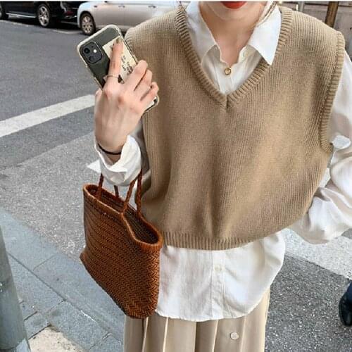Solid V Neck Sweater Knitted Vest Womens 2021 New Autumn and Winter Sleeveless Loose Korean Pullovers Sweater Waistcoat