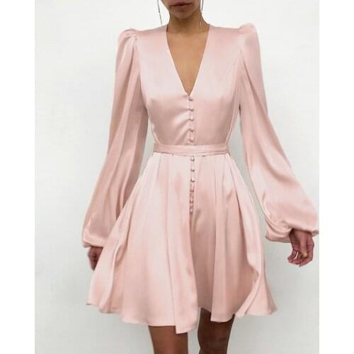 2021 Spring Elegant Satin Solid Dress Long Sleeve A-Line High Waist Slim female dress Floral Sleeve V-neck Party ladies dress