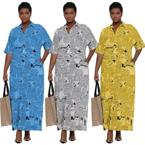 Plus Size Newspaper Printed Long Shirt Dress for Women Pocket Turn-down Collar Button Up Casual Dresses Party Club Maxi Dress