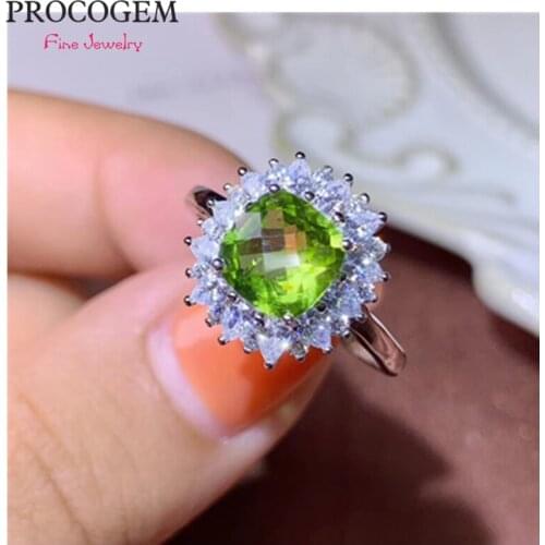 Procogem Natural Peridot Ring for Women Party girl Gift 7mm 1.8ct square Genuine gemstones Fine jewelry 925 Sterling Silver #736
