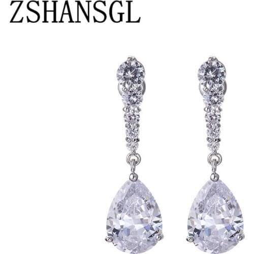 1 Pair Charming Waterdrop aaaaa CZ Cubic Zirconia Womens Dangle Earrings High Quality 925 silver Wedding Ear Jewelry