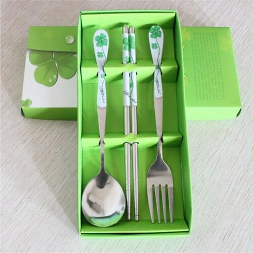 3PCS Tableware Set With Box Portable Stainless Steel Spoon Chopsticks Fork For Gift