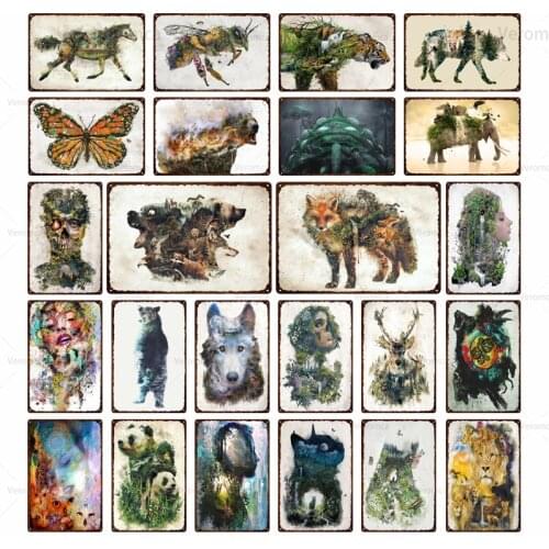 Abstract Landscape Vintage Iron Painting Panda Butterfly Tiger Animal and Human Metal Tin Sign Plaque Home Pub Club Wall Decor