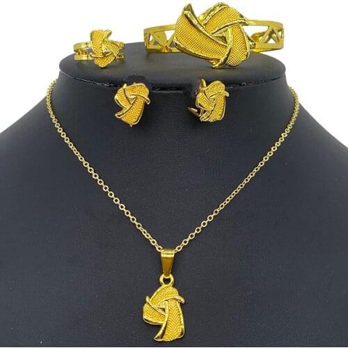 African Arabic Jewelry sets Gold Color Dubai Bangles for Baby Girls Ethiopian Kids Rings Earrings Sets Arab Bridal Jewelry