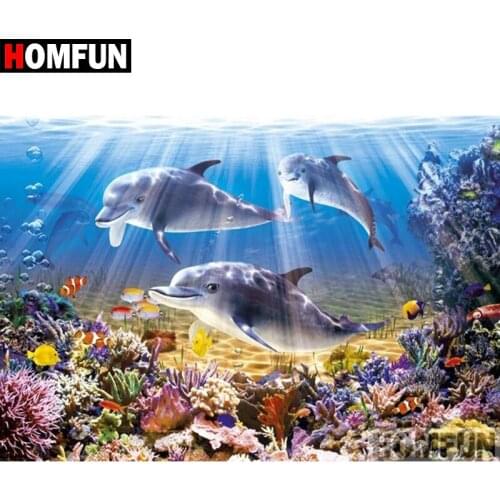 HOMFUN 5D DIY Diamond Painting Full Square/Round Drill "Ocean Dolphins" Embroidery Cross Stitch gift Home Decor Gift A07746