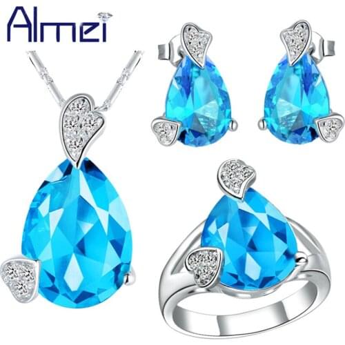 Almei Blue Necklace Jewelry Set for Women Wedding Bridal Crystal Ring Earrings Sets Joyas Silver Lady Brincos Casamento T210