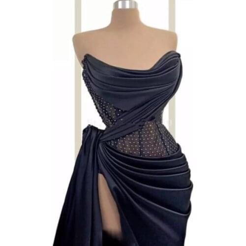 Black Prom Dresses Sheath Scoop Floor Length Slit Pearls Sexy Long Prom Gown Evening Dresses Robe De Soiree