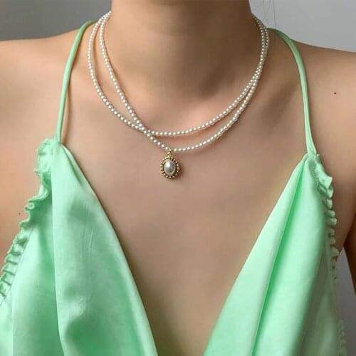 VKME New Fashion Kpop Pearl Choker Necklace Cute Double Layer Pendant Chain For Women Jewelry 2021 Girl Gift