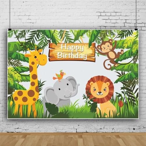 Cartoon Forest Animal Elephant Giraffe Backdrops Photo Background Happy Birthday Party Decorations for Kids Photography Props