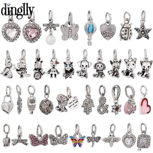 Dinglly 2pcs Crystal Heart & Animal Dangle Charms Fit Bracelet & Necklace Feather Butterfly Owl Pendant Diy Jewelry Accessory