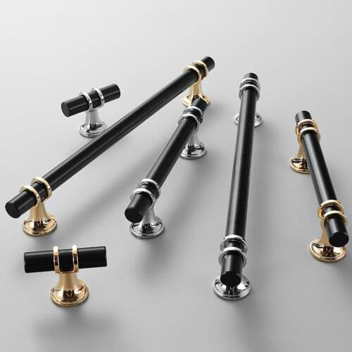 Luxury Style Handle Elegant Pull Black+Gold/Chrome Silver Slender Knob Single/Double Hole 45-235mm Solid Alloy w/screws Decor