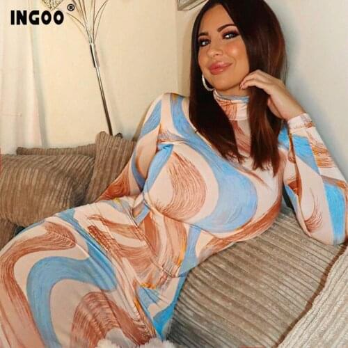 INGOO 2020 Spring Print Bodycon Women Mid Dress Sexy Party Night Colorful Turtleneck Long Sleeve Bandage Long Dresses Vestidos