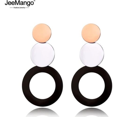 JeeMango Hyperbole Stainless Steel Black/Rose Gold Combined Circle Stud Earrings Bohemia Style Creative Jewelry For Girl JE19101