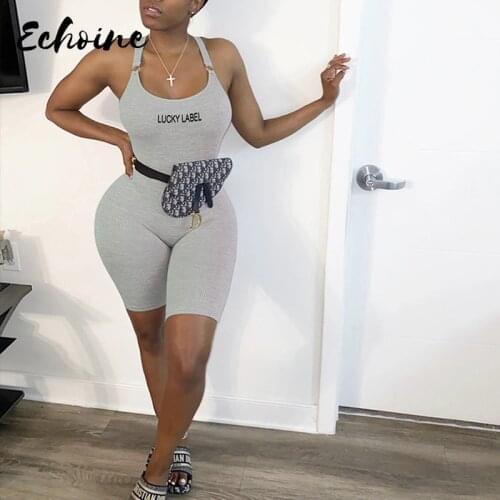 Sexy Bandage Jumpsuits Women Letters ''Lucky'' Print Ribbed Rompers Female Playsuit High Street Grey Jumpsuit Mujer Body Suits