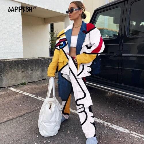 Women Tracksuits Wives Spring Casual Loose Womens Clothing 2021 Fashion Print Crop Tops Jacket Pants Three-Piece Suit Female