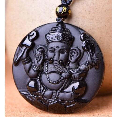Beautiful Handwork Natural Black Obsidian Carved Elephant Nose God of Wealth Buddha Lucky Pendant + Beads Necklace Fine Jewelry