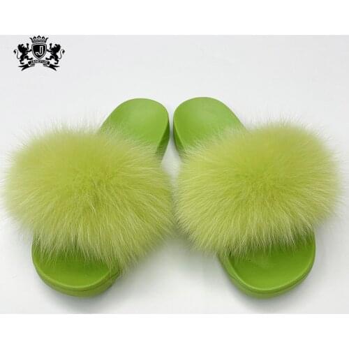 Janefur Women Real Fox Fur Hot Summer Fluffy Slides Ladies Shoes Cute Plush Furry Plush Slippers Fox Hair Casual Sandals