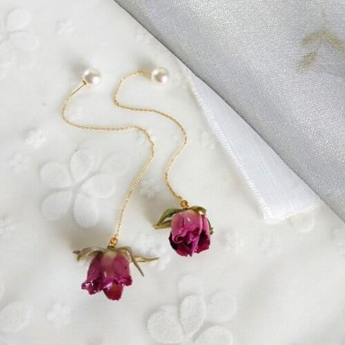 Cute Sweet Red Pressed Flower Long Drop Earrings Women Natural Rose Flower Wire Chain Dangle Earrings Fashion Jewelry