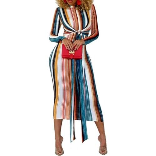 Fashion Bohemian Women Dress Slim Colorful Striped Printed Lacing Long Sleeve Bodycon Midi Dress Streetwear платья для женщин