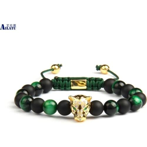 Ailatu Men Panther Cz Bracelets Wholesale 8mm Natural Matte Onyx & Green Tiger Eye Stone Leopard Macrame Jewelry