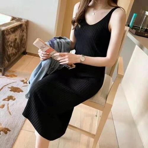 HELIAR Womens Elegant Knitted Tank Dress Slimming Basic Ribbed Long Dresses Solid Off Shoulder Female Robe Dress Autumn