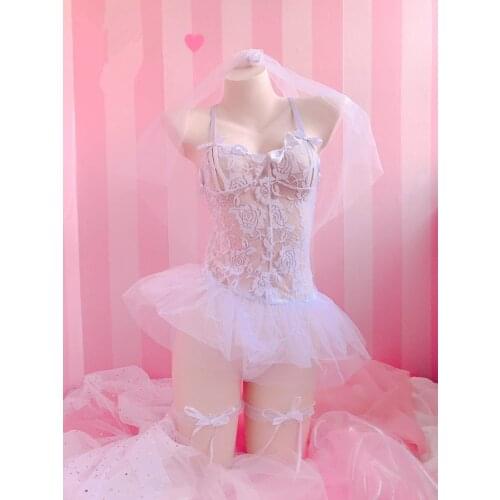 Perspective Cute Sweet Lingerie Bud Silk Mesh Underdress Exotic Wedding Sexy Costumes Fairy Lace Transparent Women Lingerie Set