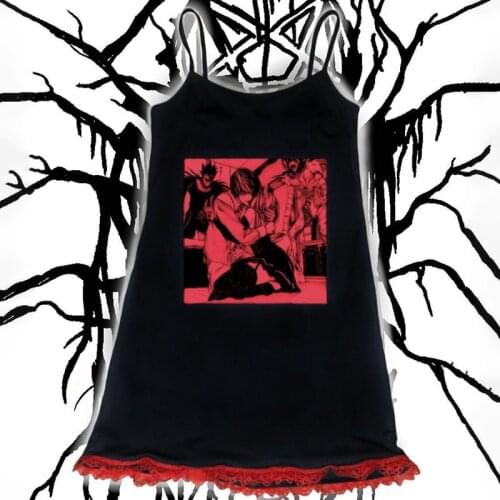 Ruibbit Grunge Anime Print Black Mini Dress Goth Harajuku High Waist Party Dress Streetwear Patchwork Lace Womens Dresses