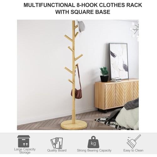 Assembled Clothes Rack Cylindrical 8-Branch Clothes Hanger Pine Wood Garment Rack with Round Base Multifunctional Hat Coat Stand