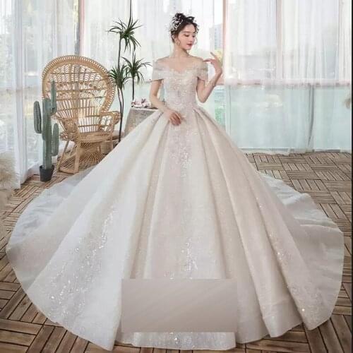 Wedding Dresses Illusion V-Neck Short Tulle Lace Sequined Off The Shoulder Backless Luxury White Elegant Women Bridal Gown G348