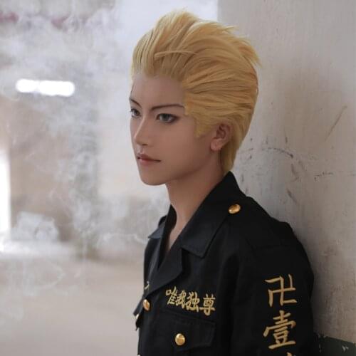 Tokyo Revengers Takemichi Hanagaki Cosplay Wig Takemitchy Blonde Heat Resistant Synthetic Hair for Men Halloween Party + Wig Cap