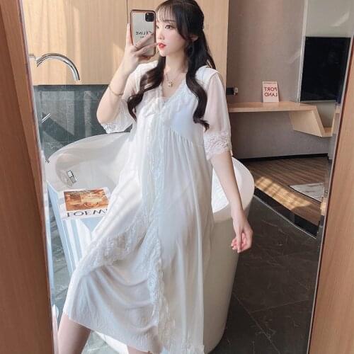 Women Sleepwear Summer Pajamas Lace Lingeries Short Sleeve Medium Style Princess Style Sexy Sleepwear Loose Version Nightgown