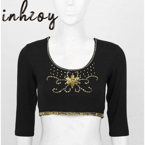 Belly Dance Practice Clothes Female Elegant Casual Sequins Beads Sexy Crop Tops O Neck T Shirts Women Performance Costume 2020