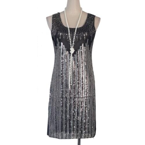 Silver Women Art Deco 1920s Great Gatsby Flapper Dress 20s O-Neck Beaded Cocktail Party Dress Sequin Dancing Dress