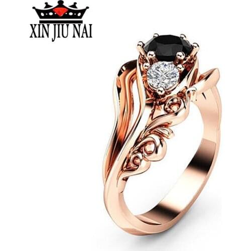1PC Engagement Wedding Zircon Inlaid With Hollow Flower Bride Black Rhinestone Rose Gold Ring Valentines Gift Size 6 7 8 9 10