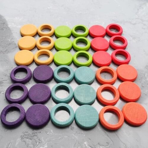 12 colors Round piece of the puzzle Kids Wooden Toys Beech Rainbow Coins and Rings Stackable Nature Loose Parts Creative Toys