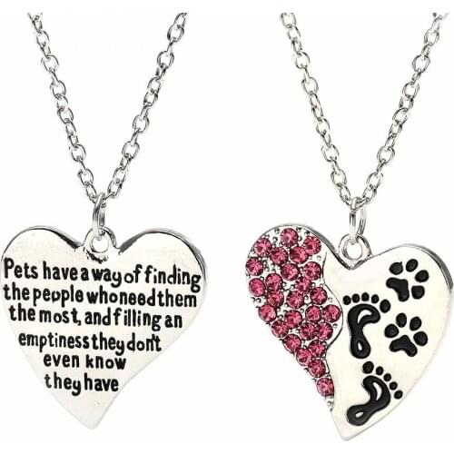 12PC/Lot New Pet Paws Print Love Heart Pendant Pink Crystal Pets Have A Way Chain Necklace Gift For Women Animals Lovers Jewelry
