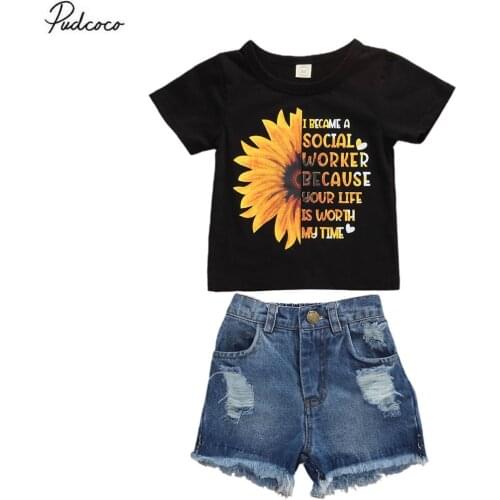 2020 Summer Toddler Baby Girl Clothes Casual Kids Sunflower T-shirt Tops+Holes Denim Shorts For Children Casual Outfits 2pcs Set